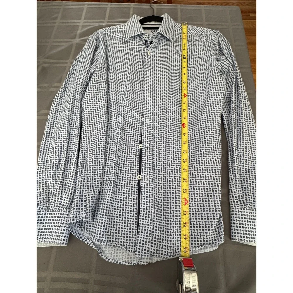 Bugatchi Uomo Men's Medium Blue White Geometric Paisley Long Sleeve Button Shirt